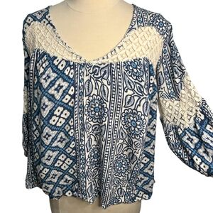 Free People Blue and White Patterned Top